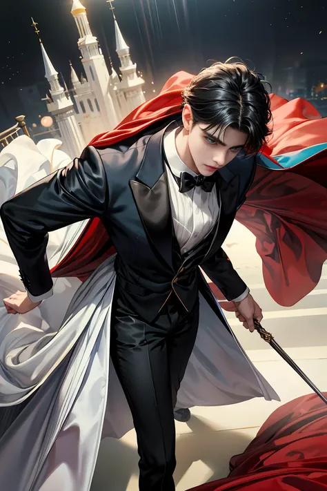 
masterpiece, 最high quality, high quality, 1 boy, alone, Male focus, Watching the audience,  Messy black hair, Adorable big blue eyes, White, Noble, Noble,Sexy voluminous cape、Tuxedo、A very voluminous, large, very large, very large, long, long red and blac...