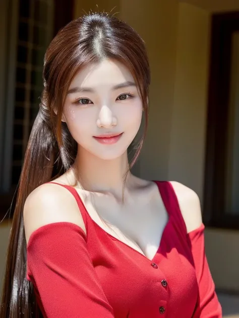 Close-up of a woman in a red shirt posing for a photo., beautiful south  ponytail,) Long, flowing hair, korean woman, gorgeous young korean woman, ponytail, beautiful young korean woman, Korean girl, korean woman, Jae Yeon Nam, beautiful asian girl, young ...