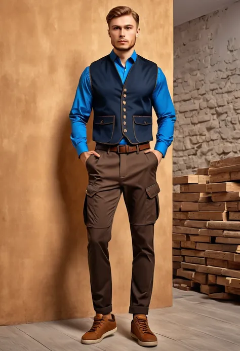 (best high quality:1.2), Work of art, 8k, extremely detailed, (High detail:1.2), Solo, 28 years old Russian man, long-sleeved blue blouse, black trousers, brown sneakers, light brown ballistic vest, pistol and ammunition,