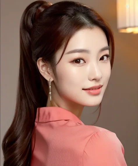 Close-up of a woman in a red shirt posing for a photo., beautiful south  ponytail,) Long, flowing hair, korean woman, gorgeous young korean woman, ponytail, beautiful young korean woman, Korean girl, korean woman, Jae Yeon Nam, beautiful asian girl, young ...