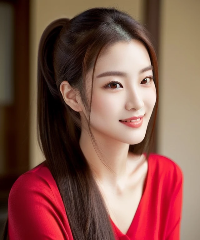 Close-up of a woman in a red shirt posing for a photo., beautiful south  ponytail,) Long, flowing hair, korean woman, gorgeous young korean woman, ponytail, beautiful young korean woman, Korean girl, korean woman, Jae Yeon Nam, beautiful asian girl, young ...