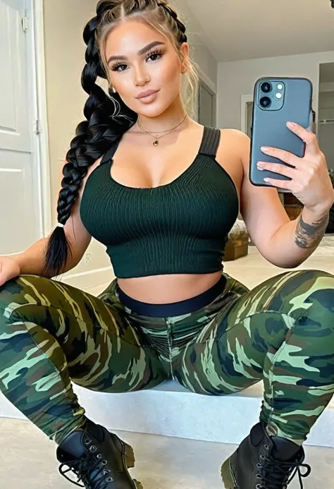 (best high quality:1.2), Work of art, 8k, extremely detailed, (High detail:1.2), Solo, 18 year old white Latina woman, (huge breasts:1.4), black crop top, green camouflage leggings, black military boots, braided hair,