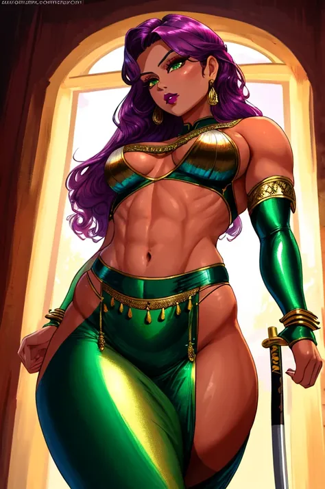 realism, hyperrealism, photorealistic, solo, older female, small waist, toned, belly dancer, wide hips, long light purple hair, thick thighs, dark green eyes, ifbb, thick lips, colored eyelashes, thin waist, ab etching, dark skin, tan, tanline, golden lips...