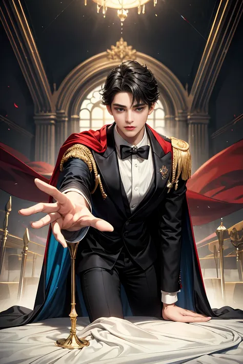 
masterpiece, 最high quality, high quality, 1 boy, alone, Male focus, Watching the audience,  Messy black hair, Adorable big blue eyes, White, Noble, Noble,Sexy voluminous cape、Tuxedo、A very voluminous, large, very large, very large, long, long red and blac...