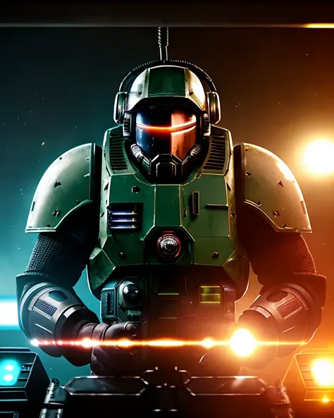 award winning waist up photo of a rugged dark science fiction space marine, wearing scratched and dented space marine gear, middle-aged, short copper hair and beard, green eyes, inside spaceship cockpit, electronic circuits hanging loose in background, fla...