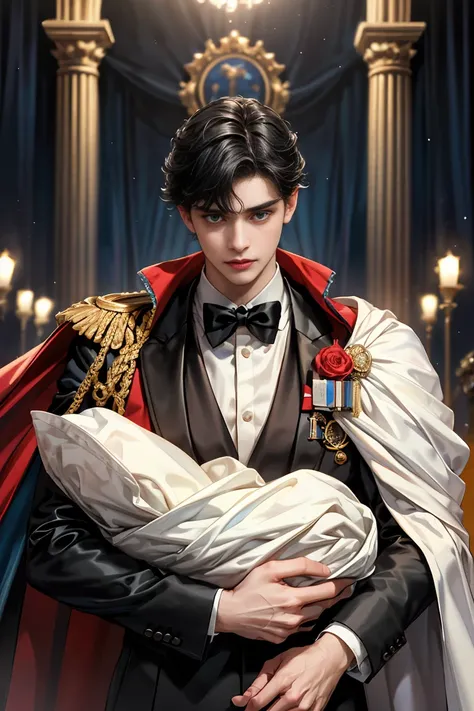 
masterpiece, 最high quality, high quality, 1 boy, alone, Male focus, Watching the audience,  Messy black hair, Adorable big blue eyes, White, Noble, Noble,Sexy voluminous cape、Tuxedo、A very voluminous, large, very large, very large, long, long red and blac...