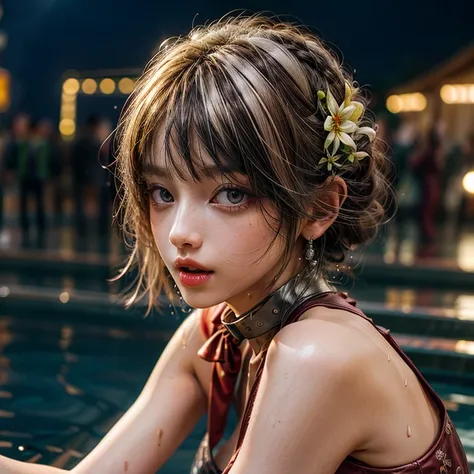 (SFW:1.6), Best_Quality, (masterpiece:1.2) of professional Analog Hi-Res photo, (realistic and photorealistic with touch of rawness:1.37), a close-up portrait of (KAWAII princess wearing thongs), Infinity pool on the roof of Skyscraper, Golden sky at dusk,...