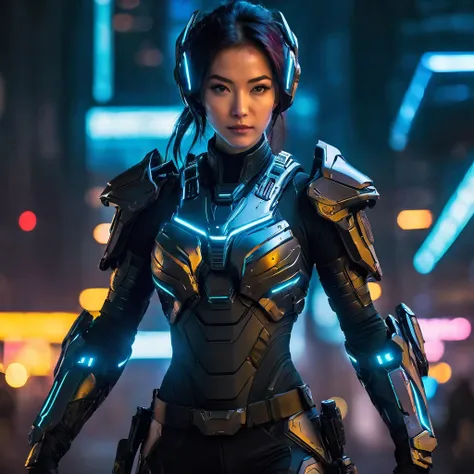 a woman in a tight combat suit, high tech futuristic sci-fi bodysuit, intricate detailed armor plating, advanced tactical gear, ...