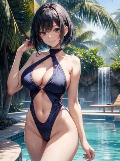 highest quality、Complete limbs、Full Finger、Slender Beauty、One woman、Woman with straight hair、Black-haired woman、Short Hair Woman、(Beautiful busty woman:1.3)、Navy blue one piece bikini swimsuit、Big smile、cute、Beauty