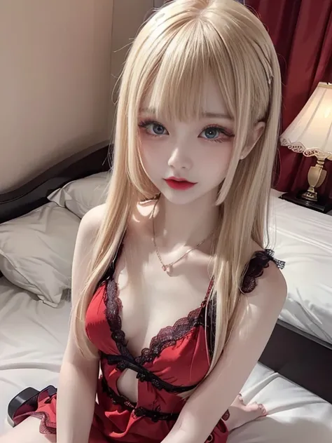 raw photo, 8k, (top-quality), Realistic, (real picture, Intricate details), (natural skin texture, detailed skin, hyper realism, sharpness), (Japanese teenage girl in a hotel, bedroom), ((red camisole dress, sleeveless, see-through, bikini sexy suit)), (pa...