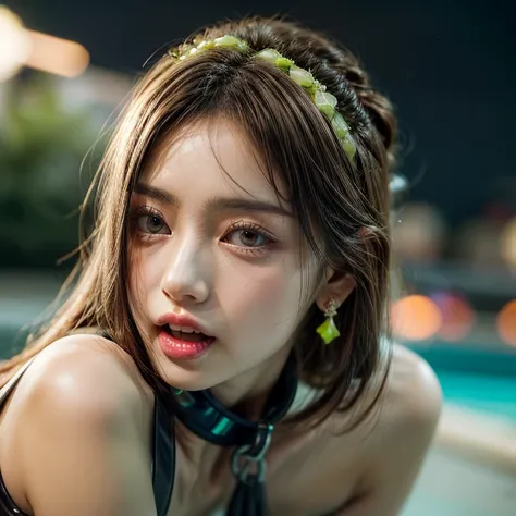 (SFW:1.4), Best_Quality, (masterpiece:1.2) of professional Analog Hi-Res photo, (realistic and photorealistic with touch of rawness:1.37), a close-up portrait of (KAWAII princess wearing thongs), Infinity pool on the roof of Skyscraper, Golden sky at dusk,...