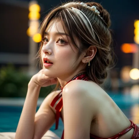 (SFW:1.4), Best_Quality, (masterpiece:1.2) of professional Analog Hi-Res photo, (realistic and photorealistic with touch of rawness:1.37), a close-up portrait of (KAWAII princess wearing thongs), Infinity pool on the roof of Skyscraper, Golden sky at dusk,...