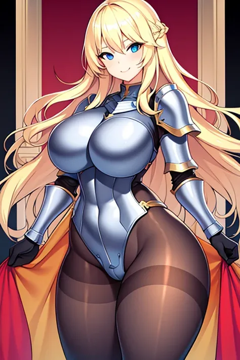 1girl, blonde hair, shoulder armor, large breasts, thick thighs, sword, pantyhose, blue eyes, long hair, blonde hair, hourglass figure, bare legs, smile, gloves, standing, mature female