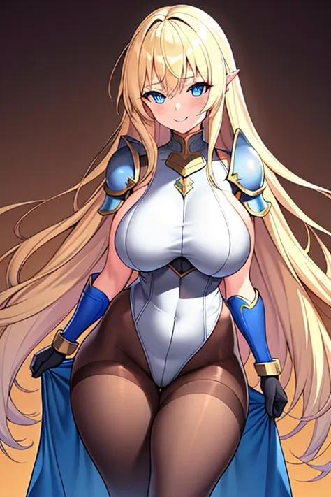 1girl, blonde hair, shoulder armor, large breasts, thick thighs, pantyhose, blue eyes, long hair, blonde hair, hourglass figure, bare legs, smile, gloves, standing, mature female