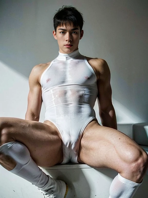 Futuristic rubber high waisted white leotard, skin tight, （buzz cut haircut）, hands visible, gloves, boots, toned male, young man, sexy glossy leotard, hands covered, handsome boy， big bulge , thick thighs , thick hips , handsome Korean man , K-pop idol, （...