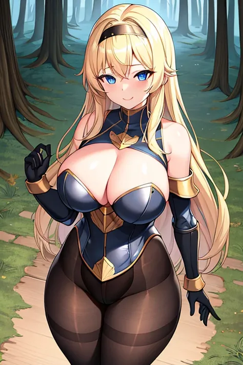 1girl, blonde hair, shoulder armor, large breasts, thick thighs, blue eyes, long hair, blonde hair, hourglass figure, pantyhose, black pantyhose, smile, gloves, standing, ((standing)), forest, black headband, gold trim, cleavage 