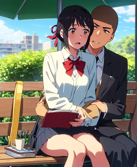 shinkai makoto, kimi no na wa., {1boy, buzzcut,}  boy buzzcut passionate hug, buzzcut boy is hugging from behind, 1girl, black hair, brown eyes, open mouth, short hair, har band, hair ribbon, yellow cardigan, cleavage, white dress skirt, perfect anatomy, c...