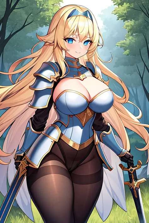 1girl, blonde hair, shoulder armor, large breasts, thick thighs, blue eyes, long hair, blonde hair, hourglass figure, pantyhose, black pantyhose, sword, armor, smile, gloves, standing, ((standing)), forest, black headband, gold trim, white armor, cleavage