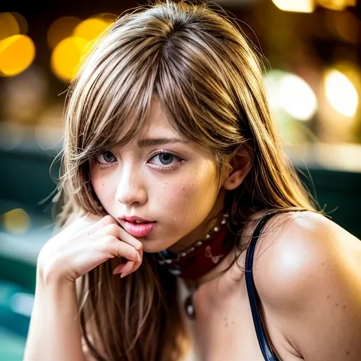 (SFW:1.2), Best_Quality, (masterpiece:1.2) of professional Analog Hi-Res photo, (realistic and photorealistic with touch of rawness:1.37), a close-up portrait of (KAWAII princess wearing thongs), Infinity pool on the roof of Skyscraper, Golden sky at dusk,...