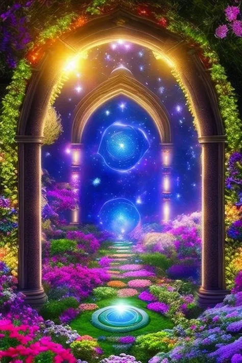 Beautiful garden, portal to another dimension, cosmic, planetary, psychedelic, defined stars, high resolution, 32k, masterpiece