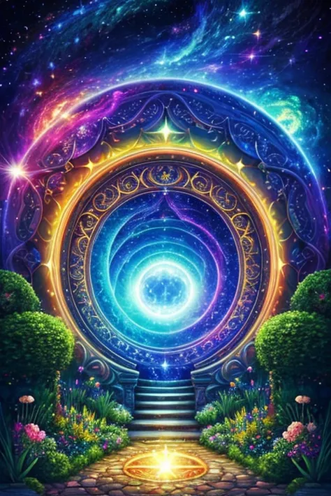 Beautiful garden, portal to another dimension, cosmic, planetary, psychedelic, defined stars, high resolution, 32k, masterpiece