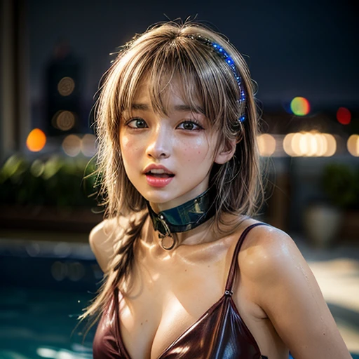 (SFW:1.2), Best_Quality, (masterpiece:1.2) of professional Analog Hi-Res photo, (realistic and photorealistic with touch of rawness:1.37), a close-up portrait of (KAWAII princess wearing thongs), Infinity pool on the roof of Skyscraper, Golden sky at dusk,...