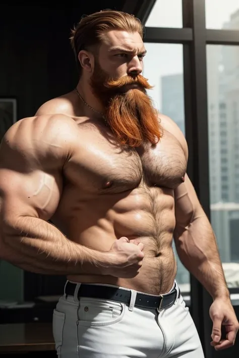 Masterpiece, Best Quality, Ultra-Detailed, muscular, bearded, thick mustache, imposing man [intense look], Intimidating presence, male figure,[imposing shadows],gritty realism, extreme detailed description, wide shoulders, green eyes, detailed eyes, brilli...