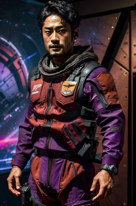 kenji as a pilot wearing a red and purple suit standing in front of a space fighter in starship, masterpiece, best, photo realis...