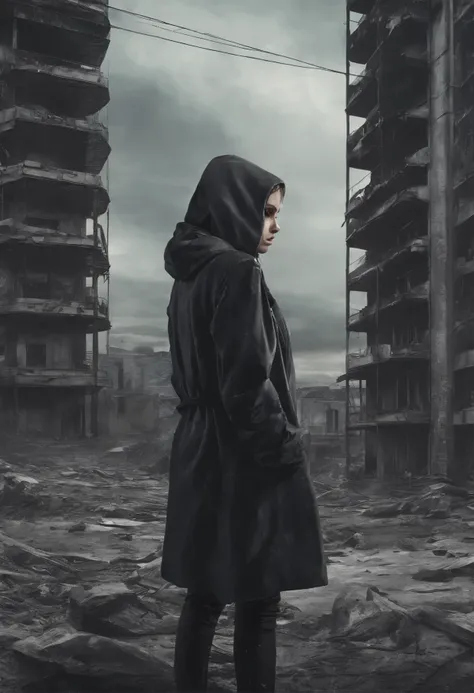 image of a sad beautiful girl dressed in coat and hood standing with arms crossed looking at a window inside a dark, dilapidated apartment room and a window showing dilapidated buildings outside, apocalipse, wasteland, She wears headphones over her ears an...