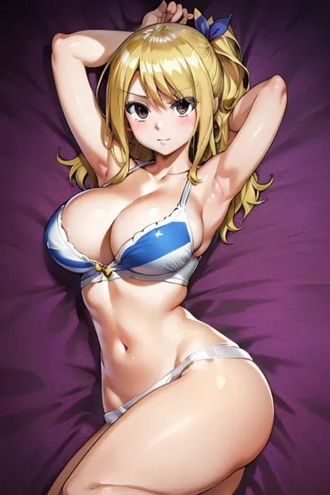 Lucy Heartfilia, sexy outfit, cleavage, large breasts, beautiful blonde hair, sensual expression, masterpiece, sexy pose, whole body visible in the frame, , best quality, anime style, hires, highest definition, digital blending, bold drawing lines, armpits...