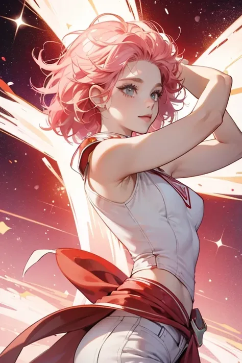 sHe is white and she has a pink afro hairstyle. sHe wears a red visor and red pants, and her arms are also red. White flowers bloom in her hair when she is happy. SPARKLE; GLITTER