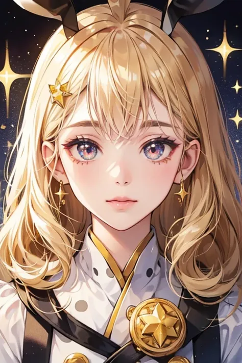 she looks like a gold star with a face. she has two black dots for eyes, and a small mouth. There are lines around her head that suggest that Haruitchi shines brightly. SPARKLE; GLITTER