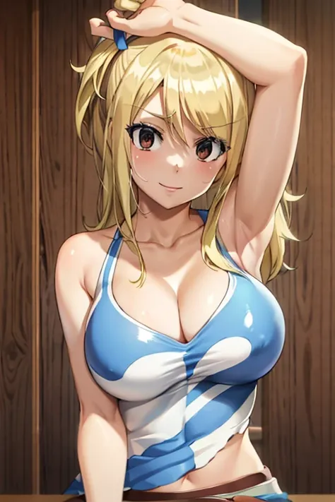 Lucy Heartfilia, closed outfit, cleavage, large breasts, beautiful blonde hair, happy expression, masterpiece, sexy pose, whole body visible in the frame, , best quality, anime style, hires, highest definition, digital blending, bold drawing lines, armpits...