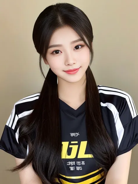 ภาพระยะใกล้ของผู้หญิงponytail, Korean symmetrical face, Woman wearing a volleyball shirt Expensive silk, dark black, Thai anime girl, Chest size 36 inches, beautiful south  ponytail,) long, Flowing hair, ponytail, beautiful young, bright and sparkling, bea...