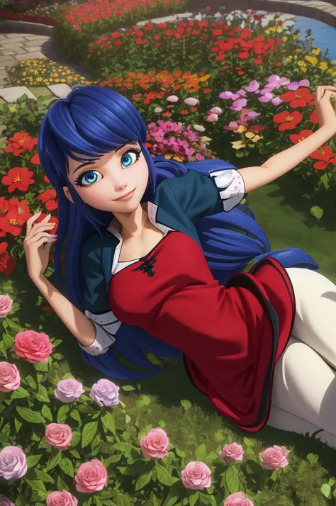 (8k, RAW photo, best quality, masterpiece:1.2), (intricate details), perfect eyes, perfect face, perfect lighting, beautiful, (masterpiece:1.2), (best quality:1.2), 1girl, solo, Marinette, blue hair, ((long flowing hair)), adult torso, 19 years old, slight...