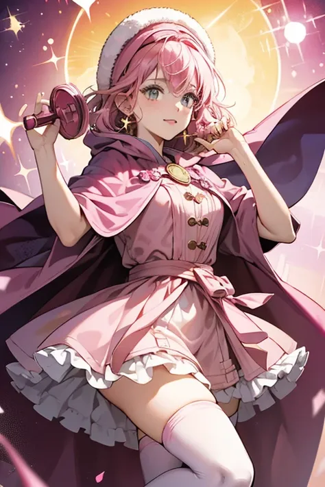 Hero Lovelin wears a pink head cap with darker pink muffs on the side and a darker pink circle on the top. Her ears poke out of the head cap along with a lock of hair. She wears a pink dress with a dark pink cloak held together with a yellow button and yel...