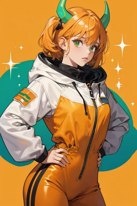 she is dressed as an astronaut, wearing a bulky orange spacesuit with green stripes. her head is yellow and she has two orange horns.  SPARKLE; GLITTER