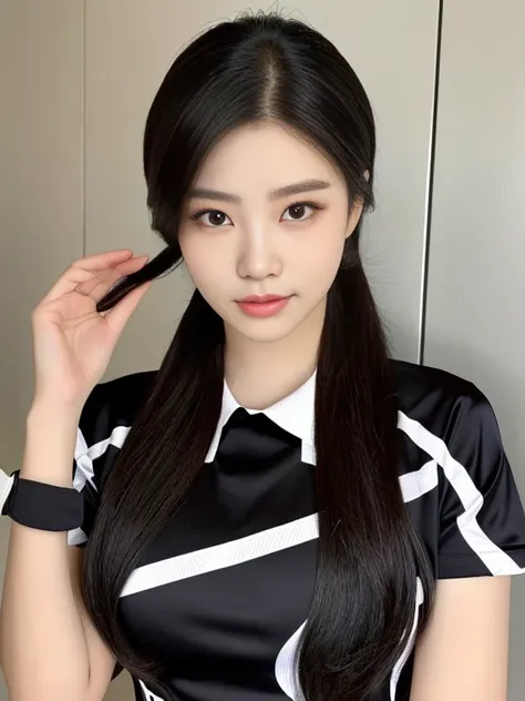 ภาพระยะใกล้ของผู้หญิงponytail, Korean symmetrical face, Woman wearing a volleyball shirt Expensive silk, dark black, Thai anime girl, Chest size 36 inches, beautiful south  ponytail,) long, Flowing hair, ponytail, beautiful young, bright and sparkling, bea...