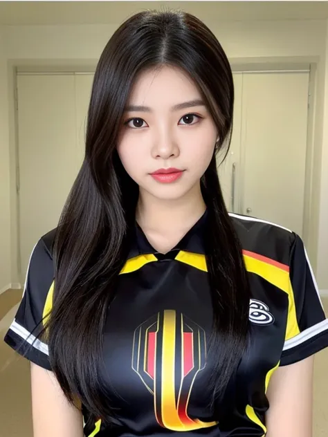 ภาพระยะใกล้ของผู้หญิงponytail, Korean symmetrical face, Woman wearing a volleyball shirt Expensive silk, dark black, Thai anime girl, Chest size 36 inches, beautiful south  ponytail,) long, Flowing hair, ponytail, beautiful young, bright and sparkling, bea...