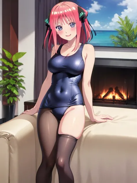 best quality, masterpiece, high quality, insanely detailed, nino nakano, one-piece swimsuit, breasts, pantyhose, blush, smile, in the living room, leg spread