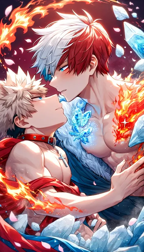 Ultra detailed, HDR, Highres, absurdres, master piece, Todoroki Shouto, bicolored hair, white right hair, red left hair, expressive blue eyes, Bakugo Katsuki, ash blond hair, expressive red eyes, Boku No Hero Academia, red glittering butterflies, petals, f...