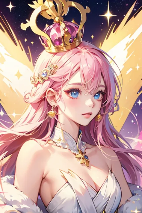 Himetchi has creamy white skin, blue eyes (with two long eyelashes on each eye), and two pink cheeks. She has a golden crown and two pink round accessories with yellow sparkles on her head. SPARKLE; GLITTER