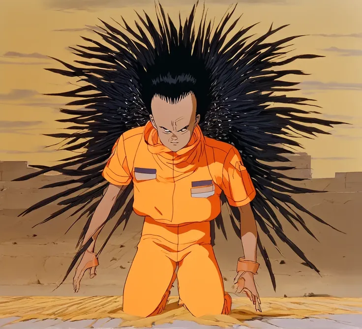 1man, black hair, medium cornrows, flattop, halo, black angel wings, orange tracksuit, sad and scared, desert, akira style + jam...