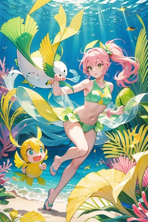 Hirehiretchi has light pink skin and a yellow beak. The lower half of her body resembles a blue fish tail with two regular legs sticking out of each side. She wears a blue swim cap, yellow goggles, lime green scuba fins, and white seashells over her chest....