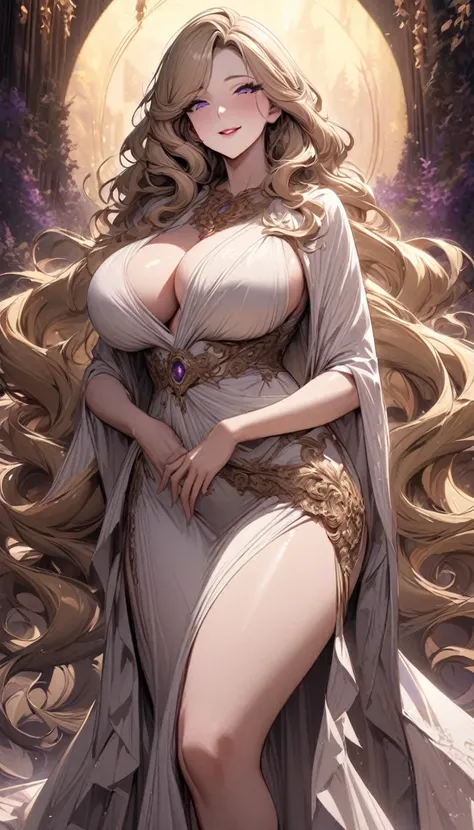 Masterpiece, very detailed, ultra detailed, one, (1 woman), She is in white draped clothes with gold details and in an elegant pose, super mature, tall, mom, mature mother, super long hair, curly hair, wavy hair, bright golden hair, blonde hair, light yell...