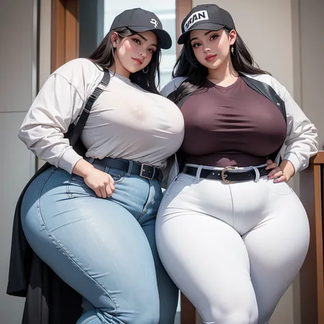 three extremely thicc and large latino women hugging, huge bust, 250 pounds of sensuality, pants, massive breasts, thicc-hips, smiling, sbbw, plus size woman, belt, thicc, hand on shoulder, wearing a baseball cap,  shirt, white jacket, voluptuous body, lea...