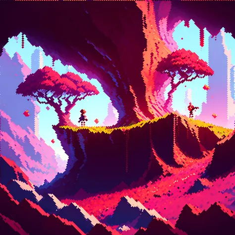 a  with short, reddish hair running to reach a cherry (pixel art), in a celestial cave