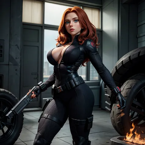 8K, Ultra HD, super details, high quality, high resolution. The heroine Black Widow looks beautiful in a full body photo, her body is sculptural, her medium wavy red hair is radiant in a perfect combination with her white skin, her bright blue eyes mesmeri...