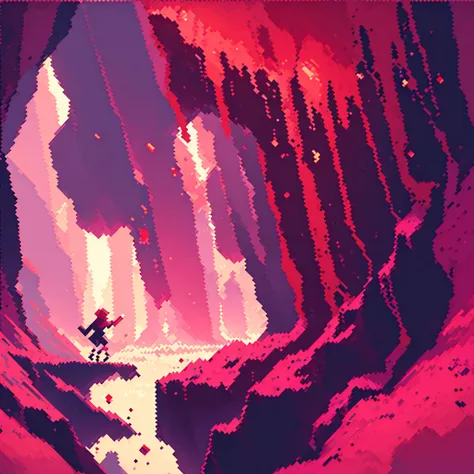 a  with short, reddish hair running to reach a cherry (pixel art), in a celestial cave