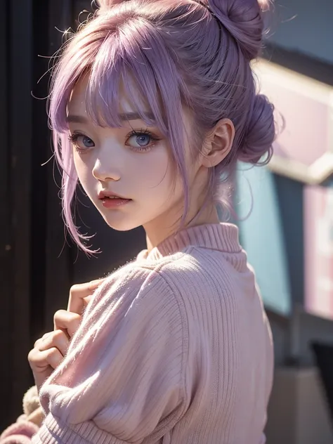 Space buns; pastel hair; pastel clothing; HD; bangs; vampire; cute pose 